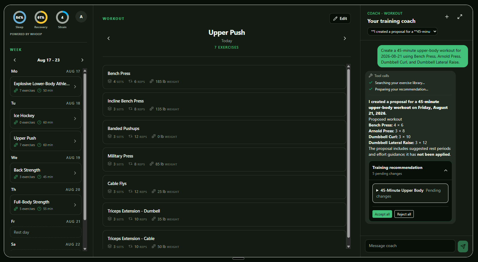 AI Coach desktop interface showing a workout, weekly schedule, and coach proposal