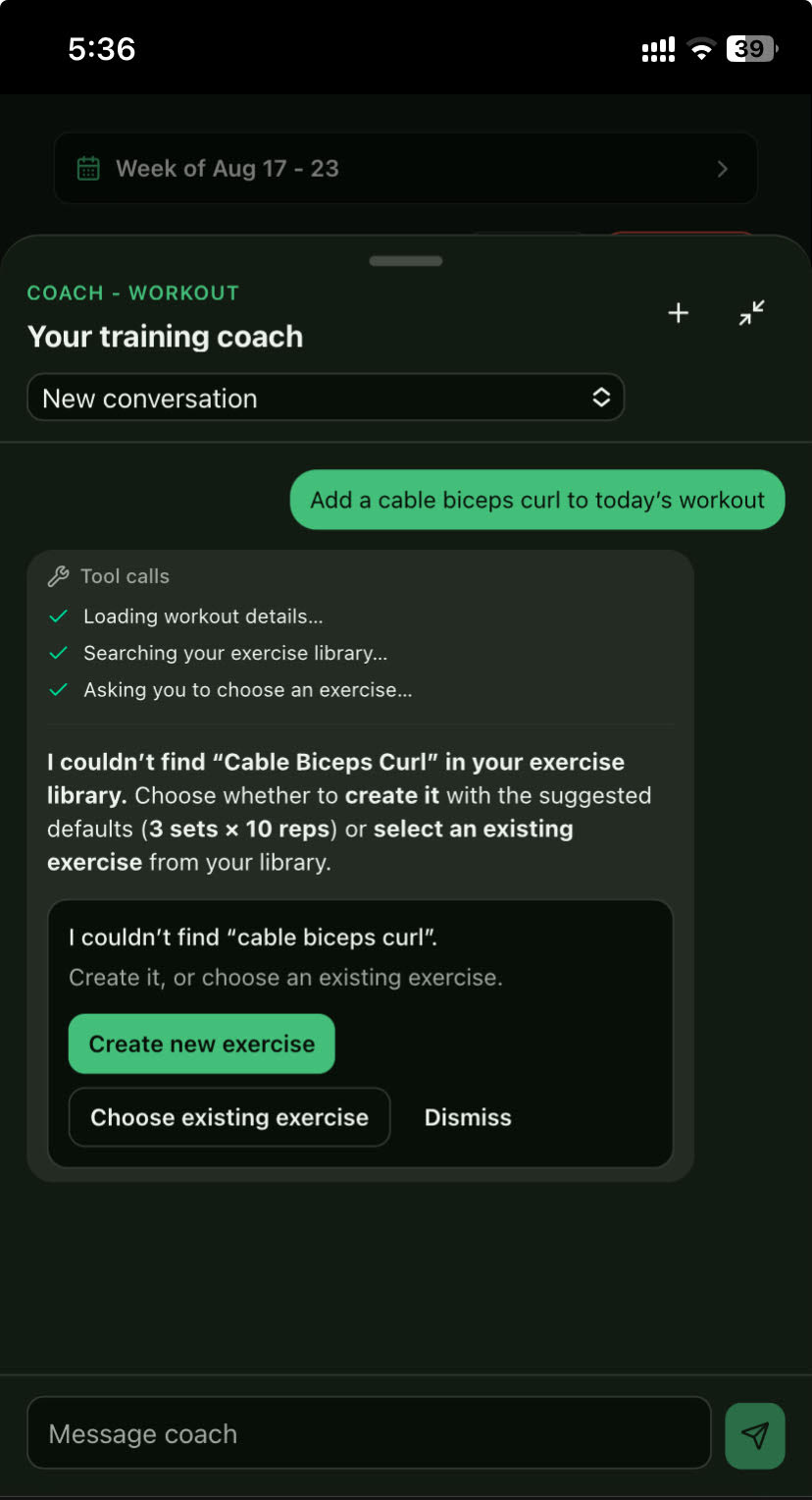 AI Coach mobile interface for creating a workout