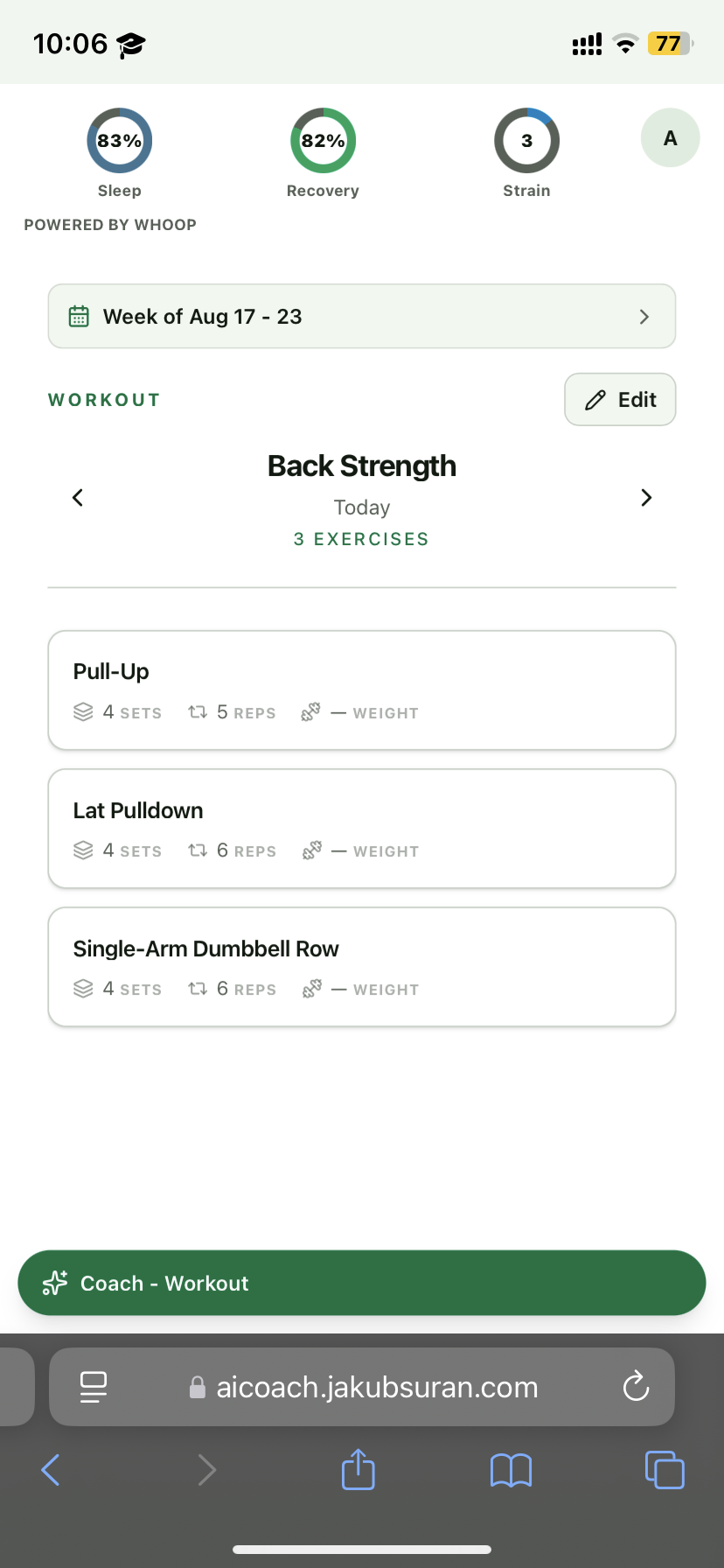 AI Coach mobile workout screen